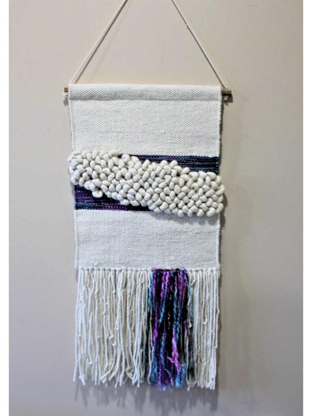 Cream & Blue Wool Woven Wall Hanging Tapestry Bobble Design Fringe 32x14" LNC